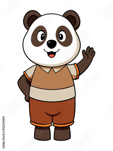 a cute panda wearing brown shorts waving like saying hi