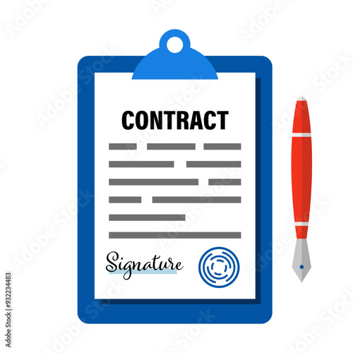 Vector contract document with signature and stamp. Paper document and a pen.