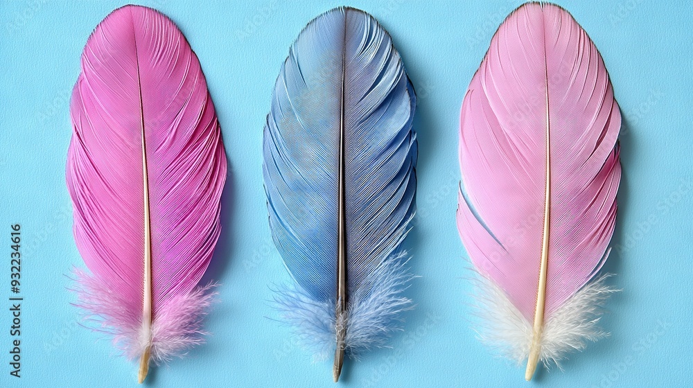 Fototapeta premium Three colorful feathers arranged in a row on a blue background with a wooden stick protruding from one of them