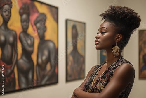 A woman admires artwork in a gallery featuring black figures. photo