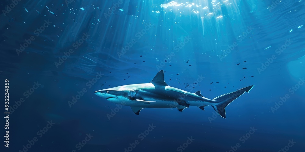 Fototapeta premium Blue shark swimming in the deep blue ocean A majestic predator in its natural habitat