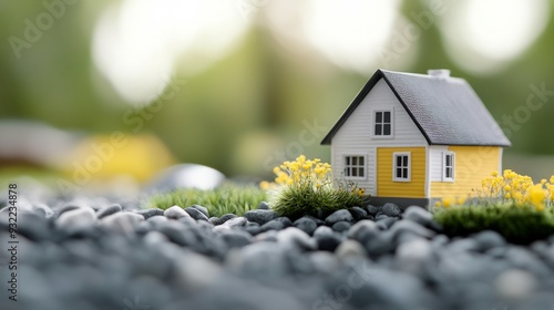 Small red model house on a wooden surface with blurred lights in the background