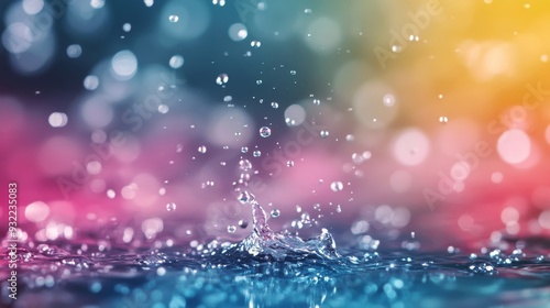 Splashing water creates colorful droplets against a vibrant background in a p...