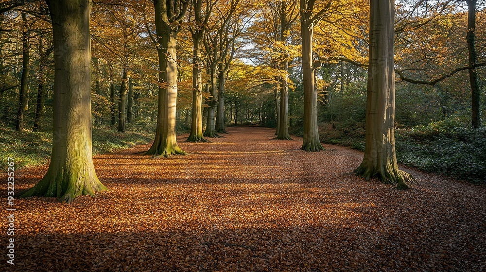 Naklejka premium A path with dense foliage beneath tall trees