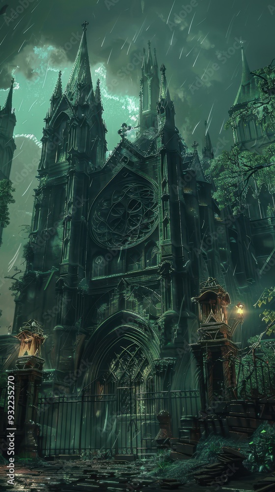 A towering gothic church shrouded in mist, surrounded by overgrown trees under dark storm clouds A towering gothic church shrouded in mist, surrounded by overgrown trees under dark storm clouds