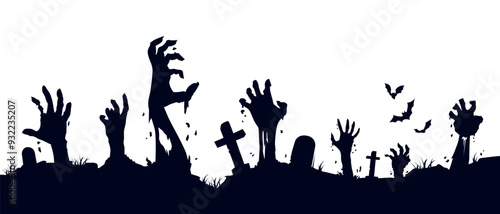 Silhouette Of Zombie Hands Rising Up On Graveyard
