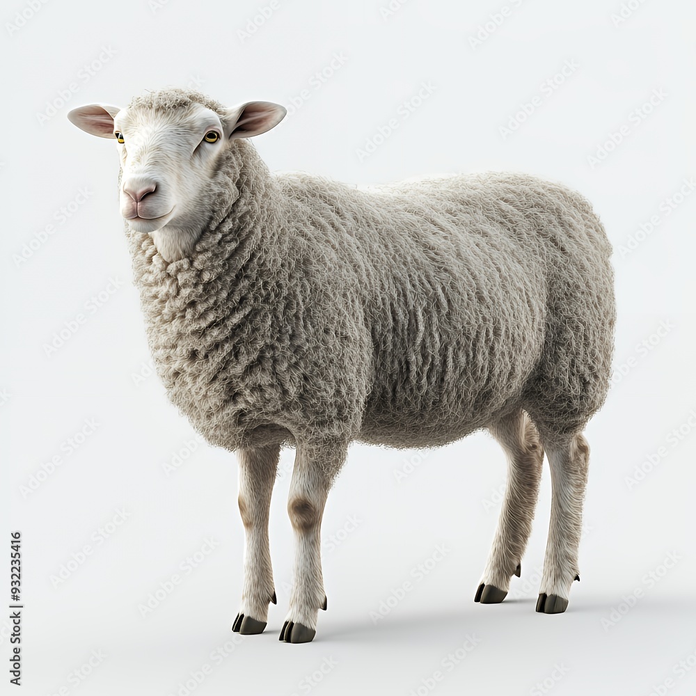 Obraz premium Full body studio portrait of a fluffy white sheep standing against a clean white background.