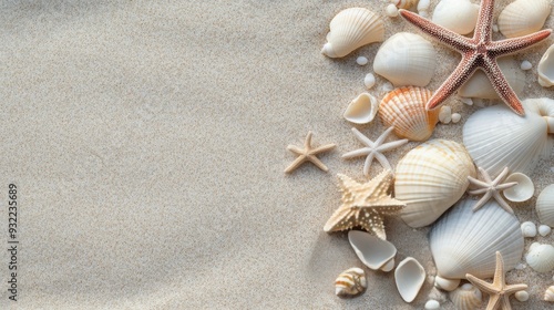 Colorful seashells and starfish arranged on a light blue background for beach...