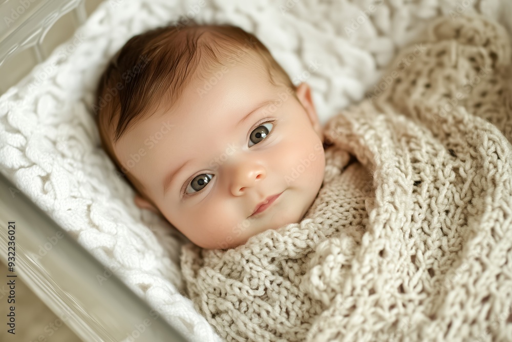Adorable baby lying and relaxing in a white crib, covered with a beige knitted blanket Adorable baby lying and relaxing in a white crib, covered with a beige knitted blanket