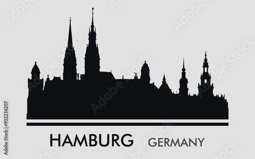 The city skyline. Hambyrg. Germany. Silhouettes of buildings. Vector on a gray background
