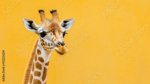 Giraffe stands against a vibrant yellow background in a wildlife exhibit