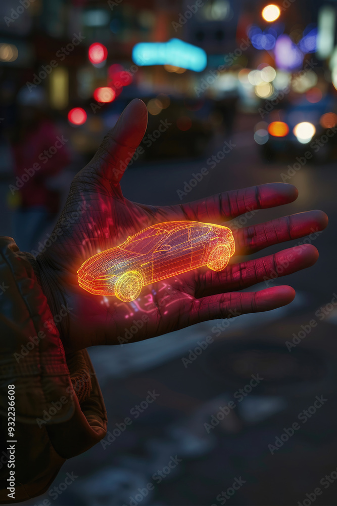 A hand displays a vibrant holographic car illuminated against the bustling city backdrop A hand displays a vibrant holographic car illuminated against the bustling city backdrop