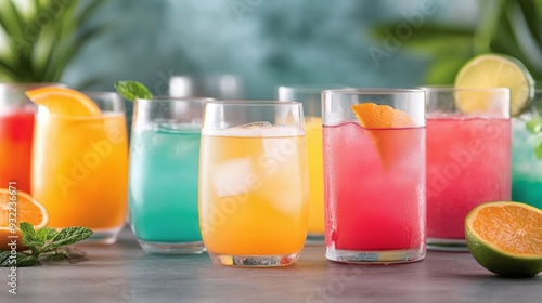 Colorful summer drinks arranged on a table at a garden party