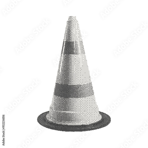 Traffic cone. Collage cutout element for scrapbook, poster, t-shirt. Vector monochrome sticker in a surreal bitmap style with dotted photocopy texture.