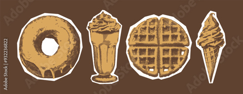 Donut, waffle, milkshake, ice cream. Contemporary Retro Surreal Collage Fruit Set. Trendy halftone clipart elements. Vintage dotted stickers.

