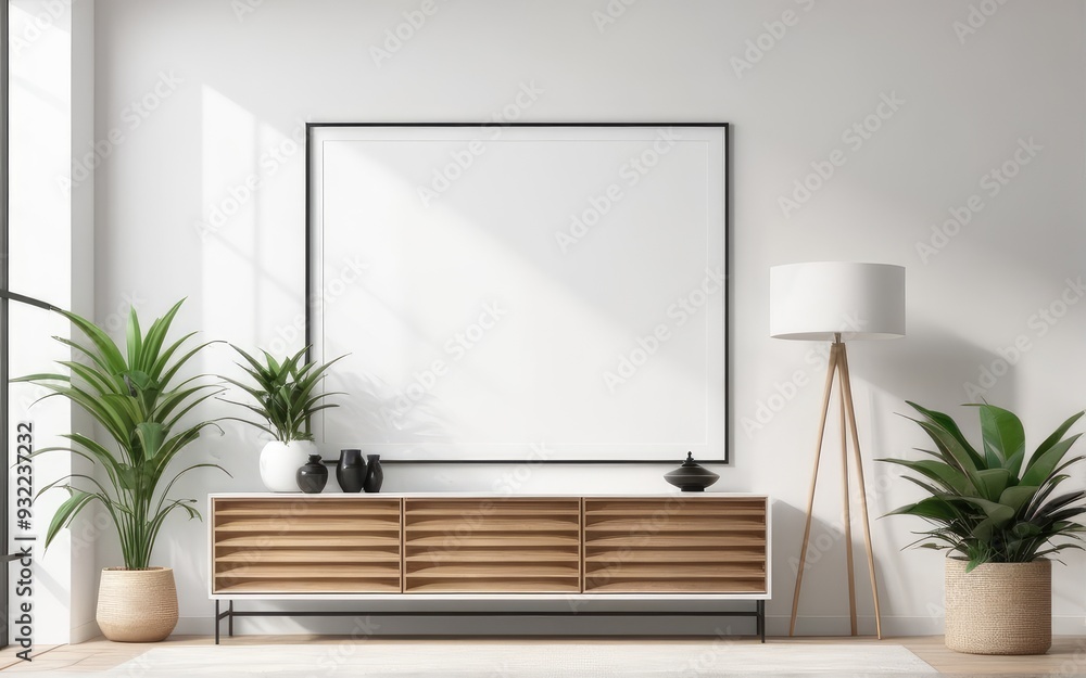 Mockup poster frame in modern interior with white wall and wooden console, home interior with plant, 3d rendering Mockup poster frame in modern interior with white wall and wooden console, home interior with plant, 3d rendering
