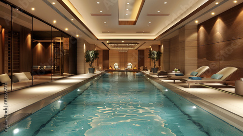 A luxurious indoor pool with crystal clear water and stylish sun loungers, lighting, creates a calm and luxurious atmosphere.