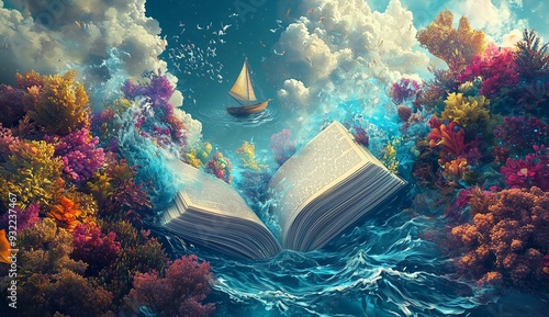 An open book with an ocean and boat inside, showcasing the concept of reading as exploration in different worlds.  photo