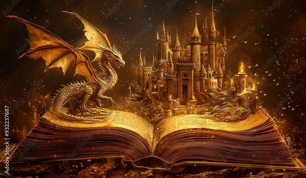 Naklejka premium An open book with an intricate scene of fantasy and adventure coming to life featuring dragon and medieval castles on the pages. The background is a dark brown.