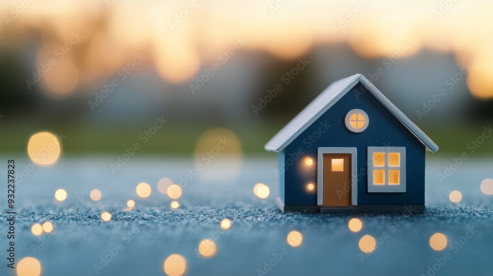 Small red model house on a wooden surface with blurred lights in the background Small red model house on a wooden surface with blurred lights in the background