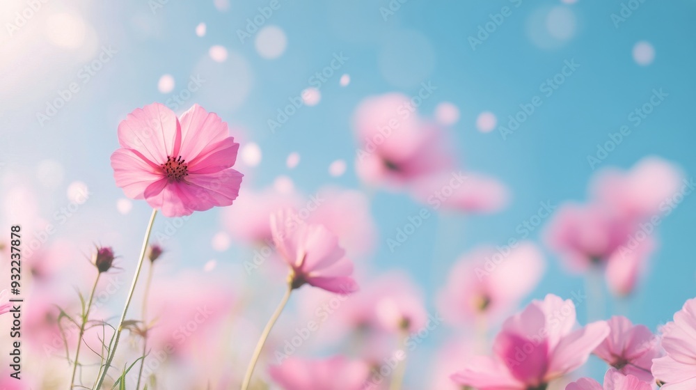 Pink flowers blooming under a bright blue sky in a sunlit field during spring