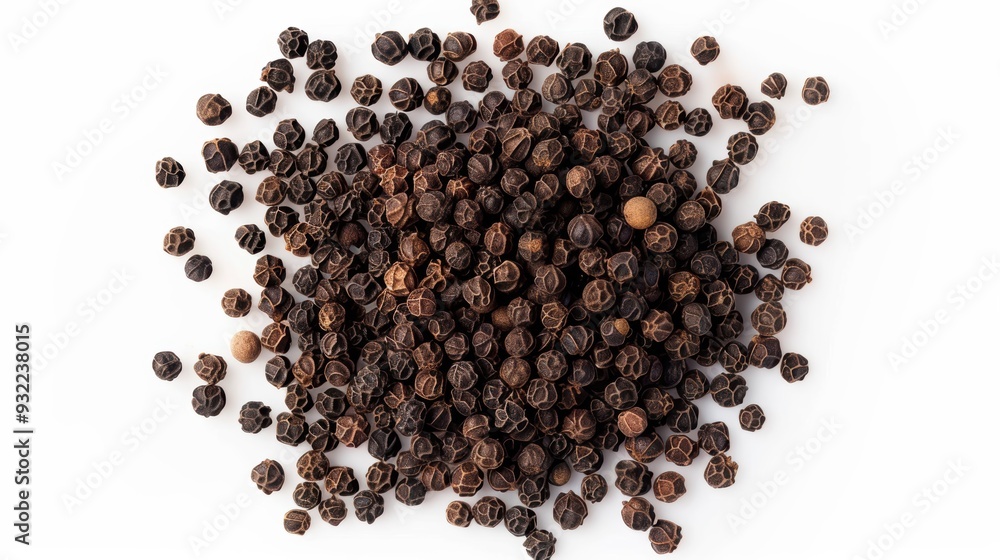 Close-up of black peppercorns on a white background, creating a unique pattern. The aromatic spice adds flavor to dishes, showcasing its natural qualities Close-up of black peppercorns on a white background, creating a unique pattern. The aromatic spice adds flavor to dishes, showcasing its natural qualities