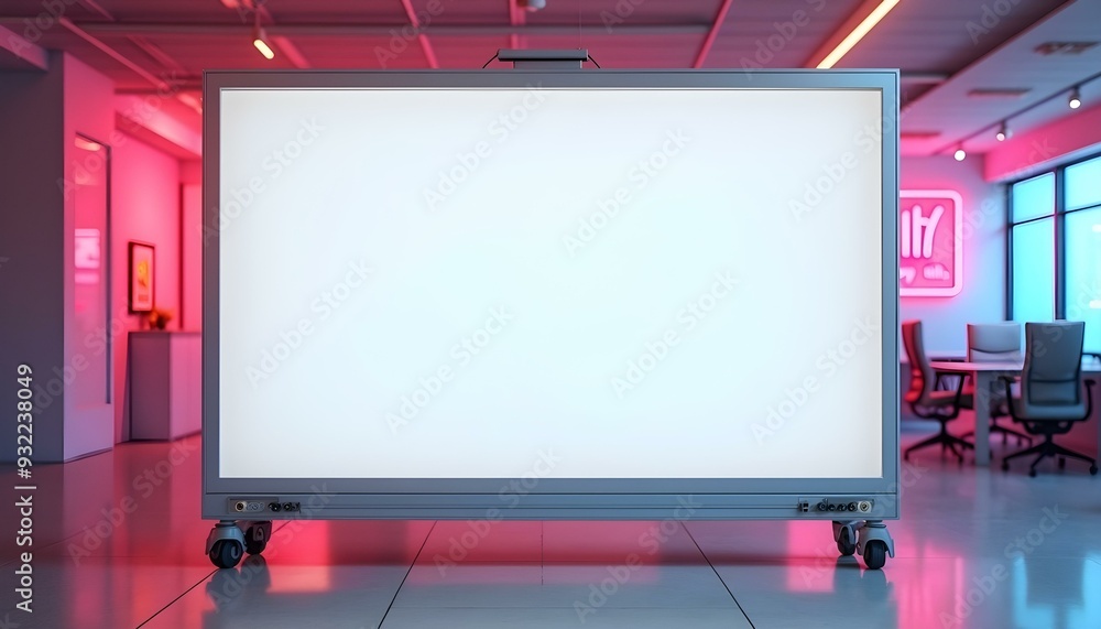 Large empty white wide whiteboard on wheels in a bright modern office space, Neon large empty whiteboard Large empty white wide whiteboard on wheels in a bright modern office space, Neon large empty whiteboard