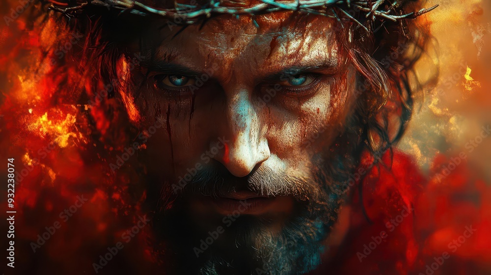 majestic portrait of christ with piercing eyes and glowing aura hyperrealistic style blends with ethereal elements radiant crown of thorns cosmic background suggesting divinity and humanity majestic portrait of christ with piercing eyes and glowing aura hyperrealistic style blends with ethereal elements radiant crown of thorns cosmic background suggesting divinity and humanity