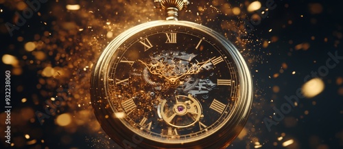 Stock image of a luxury golden vintage pocket watch isolated on a blurry glitter background. photo