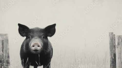 A black pig stands between wooden posts in a misty field during early morning light