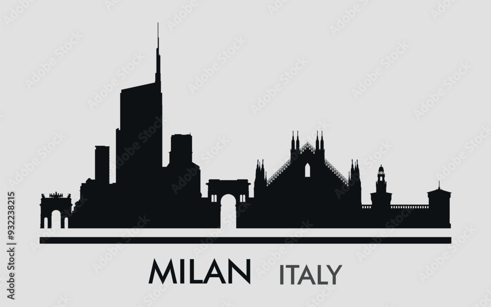 Fototapeta premium The city skyline. Milan, Italy. Silhouettes of buildings. Vector on a gray background