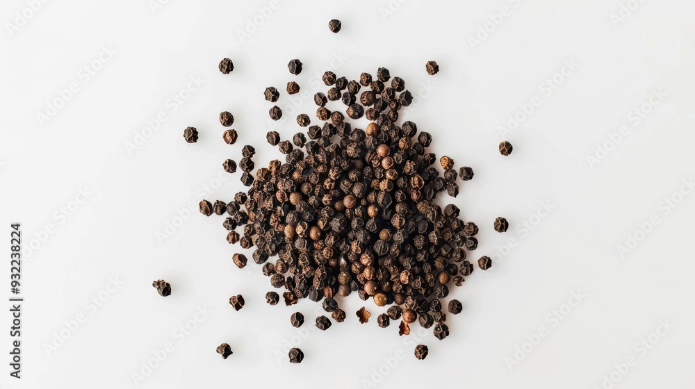 Enhance dishes with aromatic black peppercorns on white. Bursting with flavor, these gourmet seeds add taste and aroma to meals Enhance dishes with aromatic black peppercorns on white. Bursting with flavor, these gourmet seeds add taste and aroma to meals