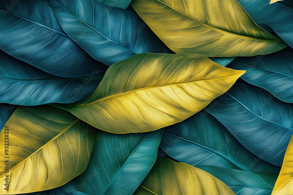 Fototapeta premium Padrão perfeito de folhas coloridas em tons vibrantes, detalhadas e sobrepostas, criadas por IA generativa, ideal para uso em designs contínuos ou como fundo, padrão seamless, coloridas