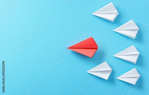 Group of paper plane in one direction and with one individual pointing in the different way. Business concept for new ideas creativity and innovative solution