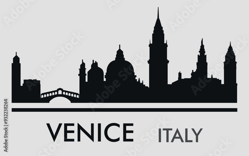 The city skyline. Venice, Italy. Silhouettes of buildings. Vector on a gray background