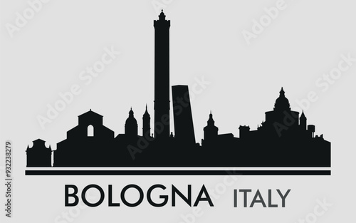 The city skyline. Bologna, Italy. Silhouettes of buildings. Vector on a gray background