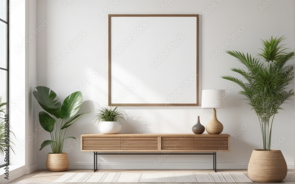 Mockup poster frame in modern interior with white wall and wooden console, home interior with plant, 3d rendering Mockup poster frame in modern interior with white wall and wooden console, home interior with plant, 3d rendering
