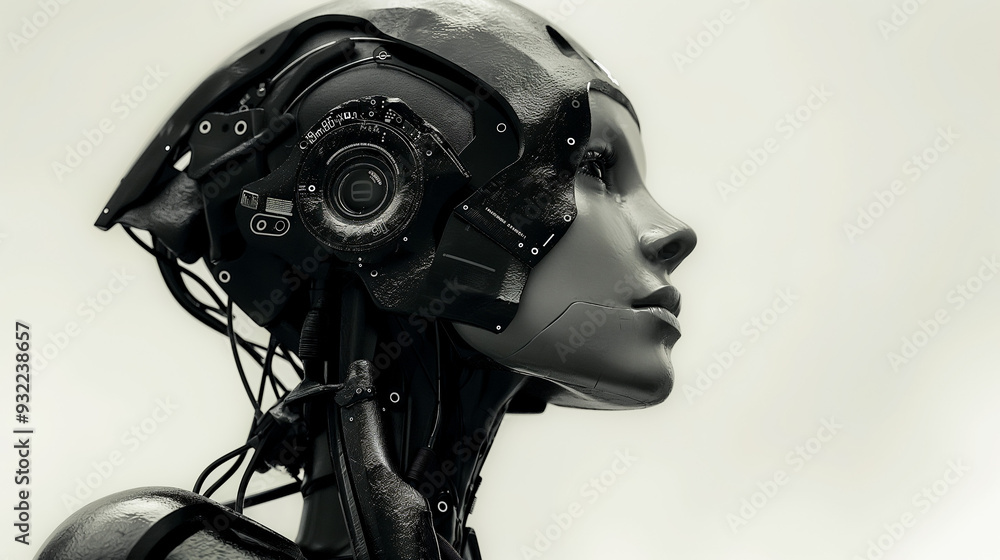 Futuristic Artificial Intelligence Concept with Woman's Face, Digital Neural Network, Data Visualization, AI Technology, Close-Up of Cybernetic Human Model. Digital Native, Female, Teenager, Girl Futuristic Artificial Intelligence Concept with Woman's Face, Digital Neural Network, Data Visualization, AI Technology, Close-Up of Cybernetic Human Model. Digital Native, Female, Teenager, Girl