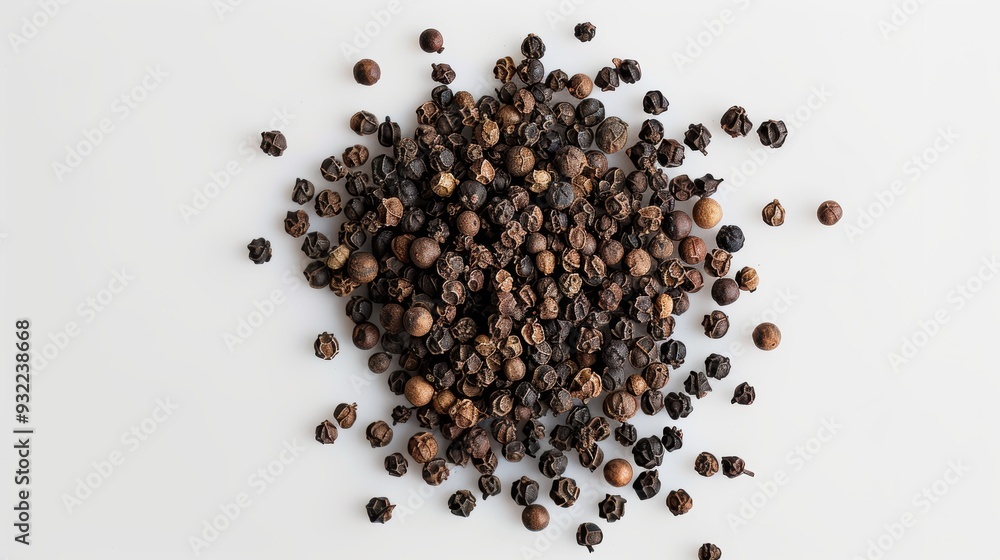 Close-up of scattered black peppercorns on a white background, enhancing the flavor of dishes. Capturing the pungent aroma and texture, perfect for gourmet cooking Close-up of scattered black peppercorns on a white background, enhancing the flavor of dishes. Capturing the pungent aroma and texture, perfect for gourmet cooking