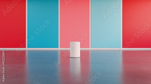Modern art installation with cylindrical sculpture in vibrant gallery setting