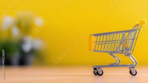 Empty shopping cart against a bright yellow background in a retail setting