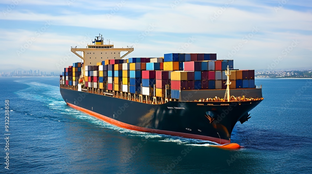 Fototapeta premium Large container ship loaded with colorful cargo containers sails across the blue ocean under a bright sunny sky.