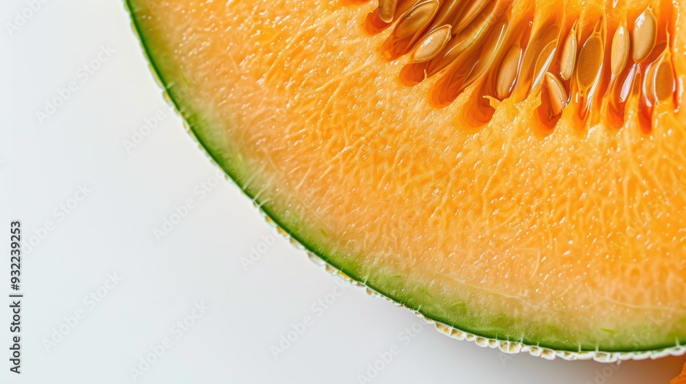 Close-up of a luscious cantaloupe slice, showcasing its natural beauty and nutritional benefits as a refreshing summer snack. Great for adding to vegetarian and vegan recipes Close-up of a luscious cantaloupe slice, showcasing its natural beauty and nutritional benefits as a refreshing summer snack. Great for adding to vegetarian and vegan recipes