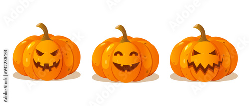 Cartoon Halloween carved pumpkins with different faces expressions isolated on white background.
