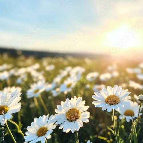 Sunlight illuminating a field of daisies at dusk