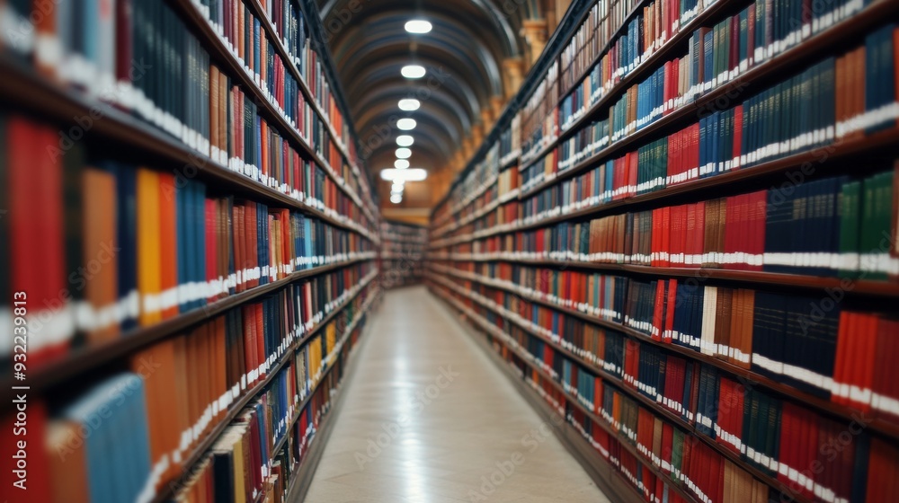 Quiet library corridor lined with shelves of books in a modern setting Quiet library corridor lined with shelves of books in a modern setting