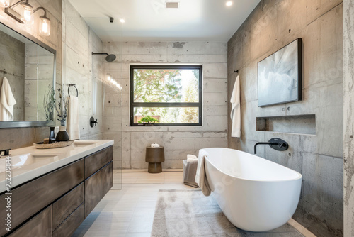 Sleek bathroom design with medium-textured concrete walls.