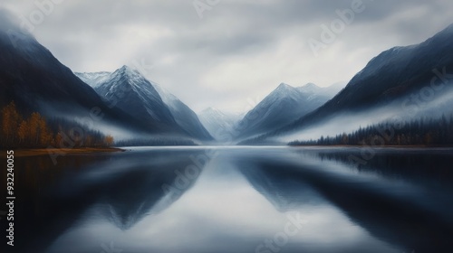 Misty mountains reflected in calm waters at dawn with a serene atmosphere