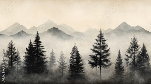 Misty mountain landscape with evergreen trees and tall grass at dawn