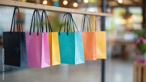 Colorful shopping bags hanging in a trendy boutique during daylight hours